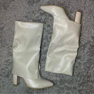 Cream Folded Flap Flipover Peek-A-Boo Pointed Toe Block Knee High Heel Boots